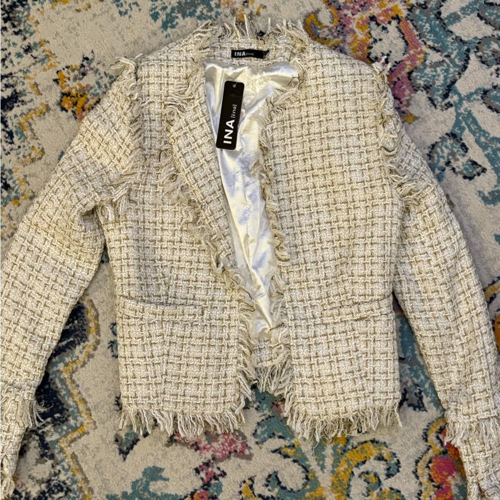 Ina Women's Cream Tweed Blazer with Fringe